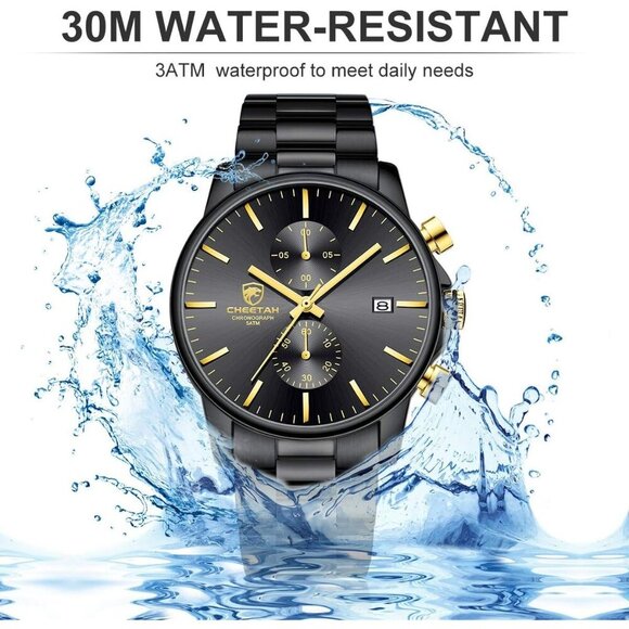 GOLDEN HOUR Men's Black Stainless Steel Chronograph Watch Waterproof Auto Date - Picture 6 of 8